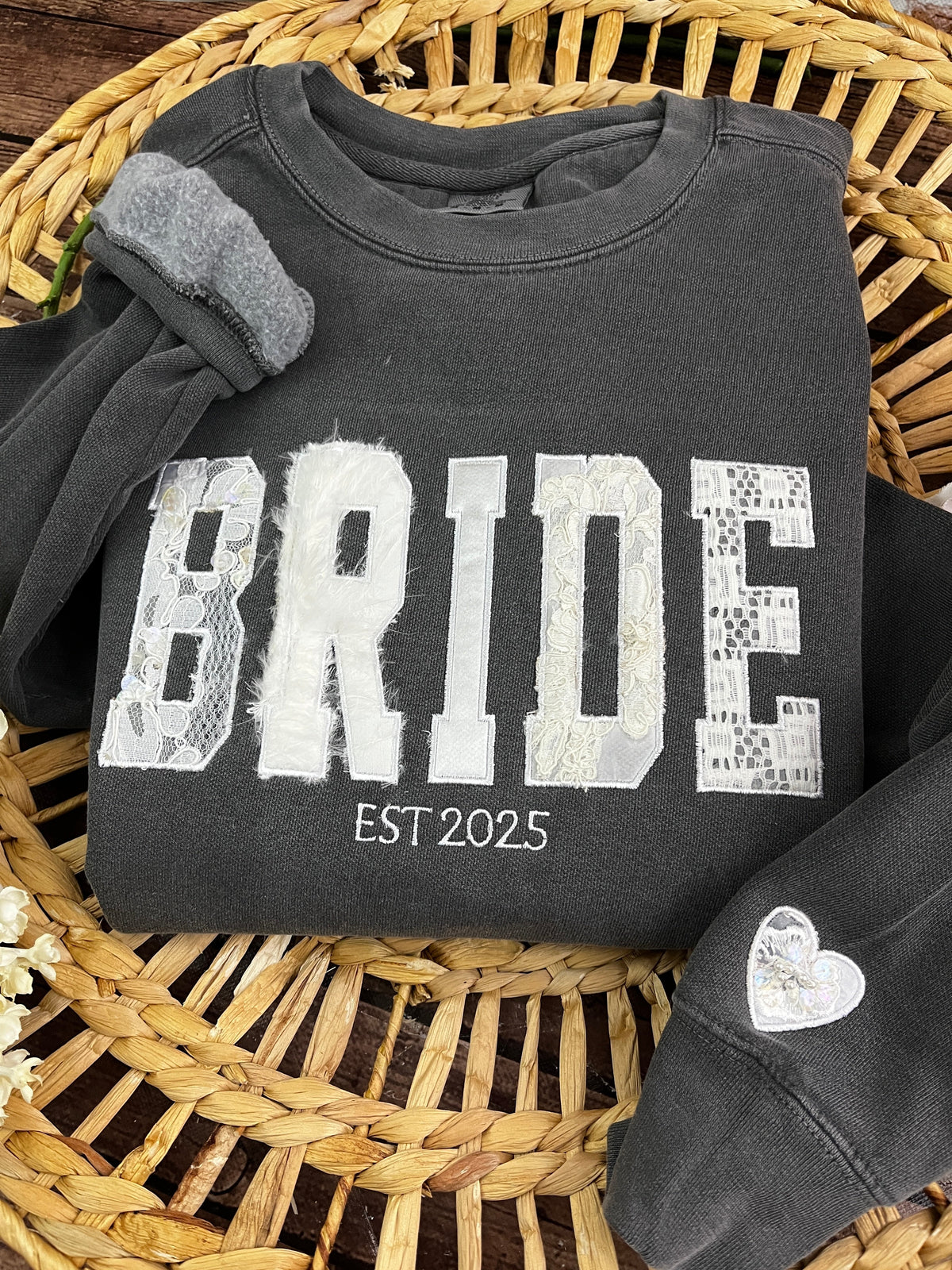 Custom BRIDE memory keepsake sweatshirt with wedding dress fabric applique