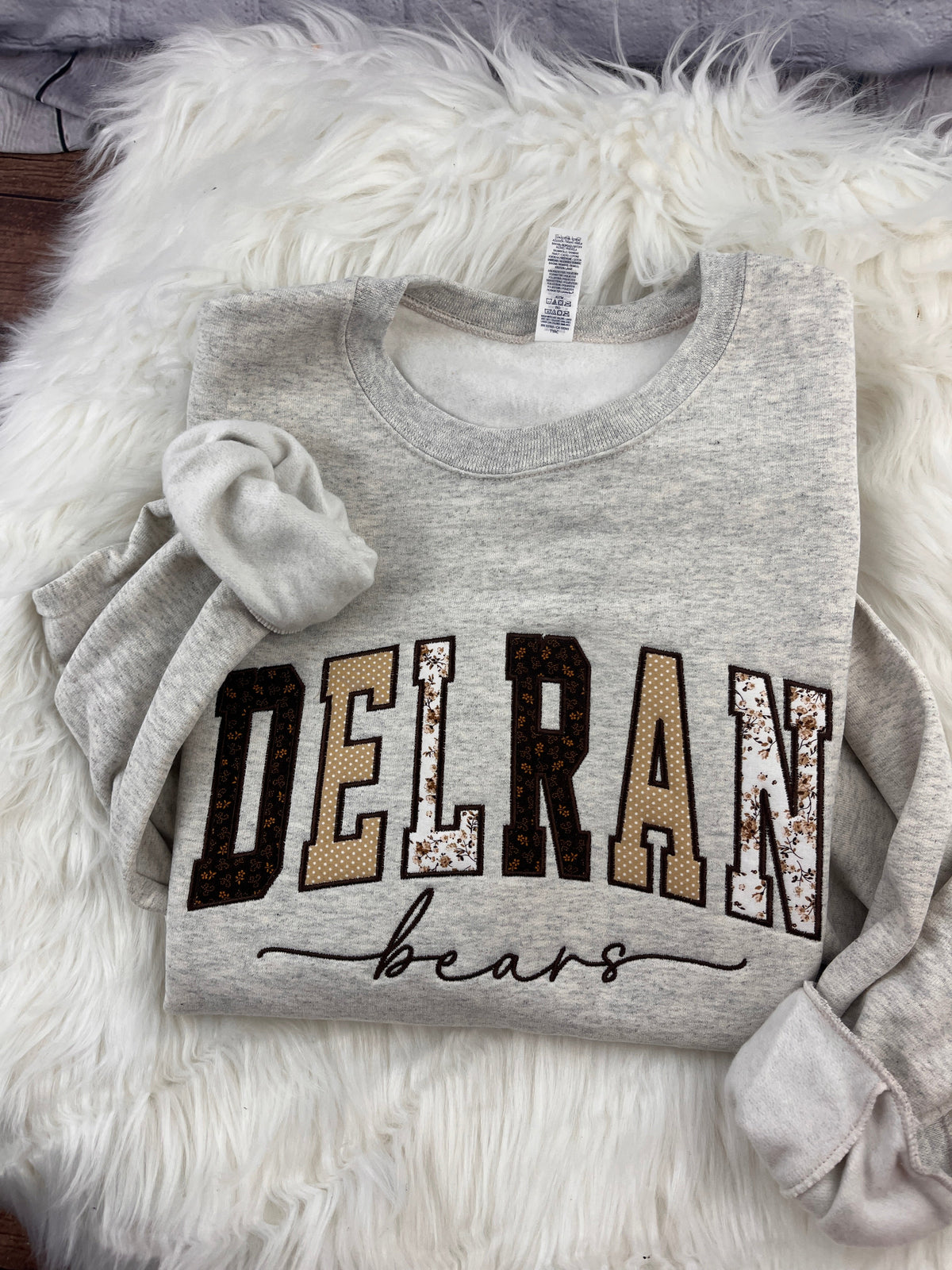 Delran Bears script applique crewneck sweatshirt, handmade school spirit wear by Sew Much Minky and More