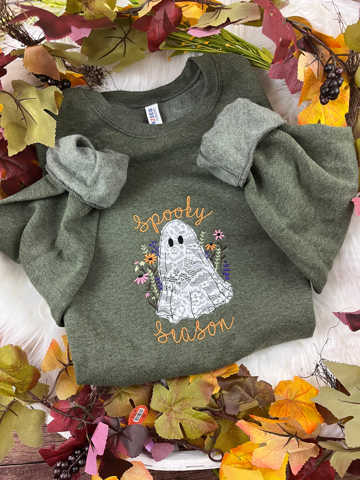Floral white lace boho ghost embroidered sweatshirt with Spooky Season text
