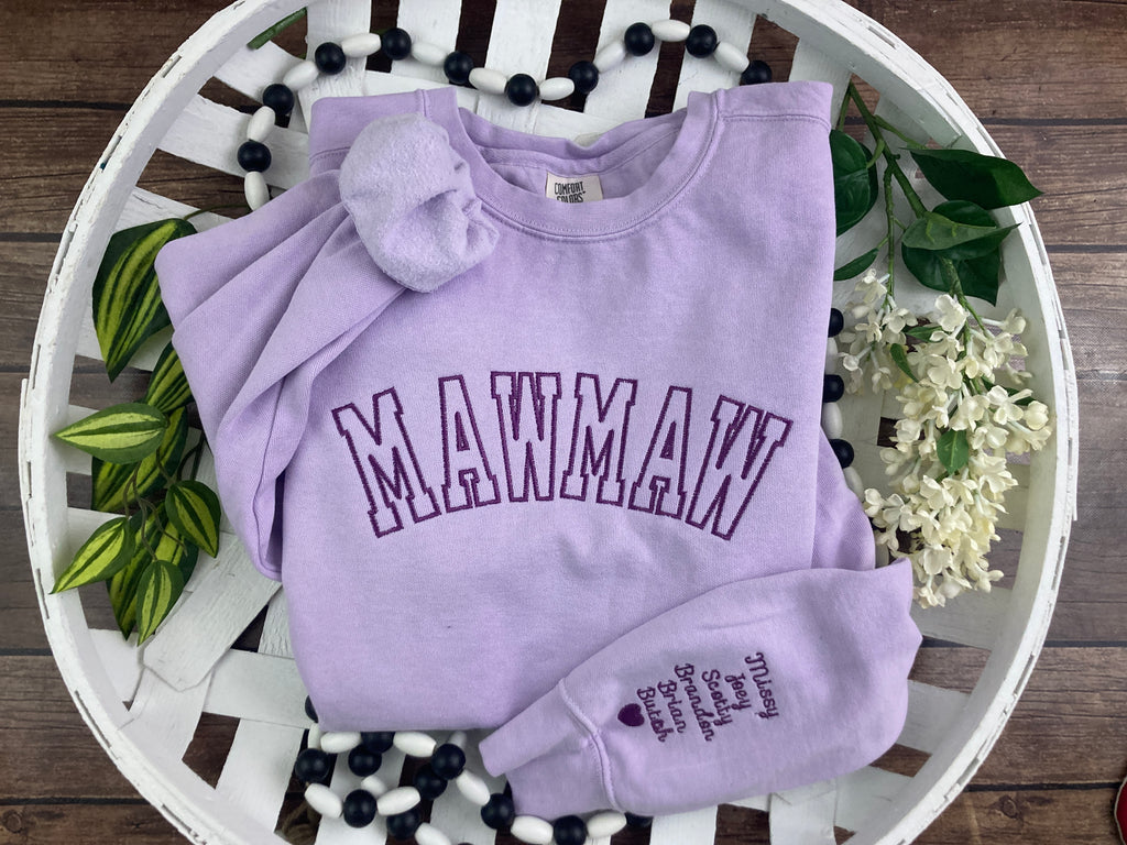 Varsity font embroidered mama sweatshirt with names on the sleeve - fabric detail