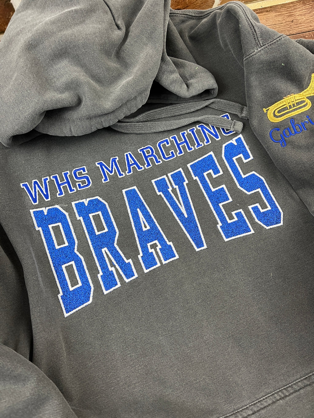Custom marching band sweatshirt with glitter applique embroidered design - detail view