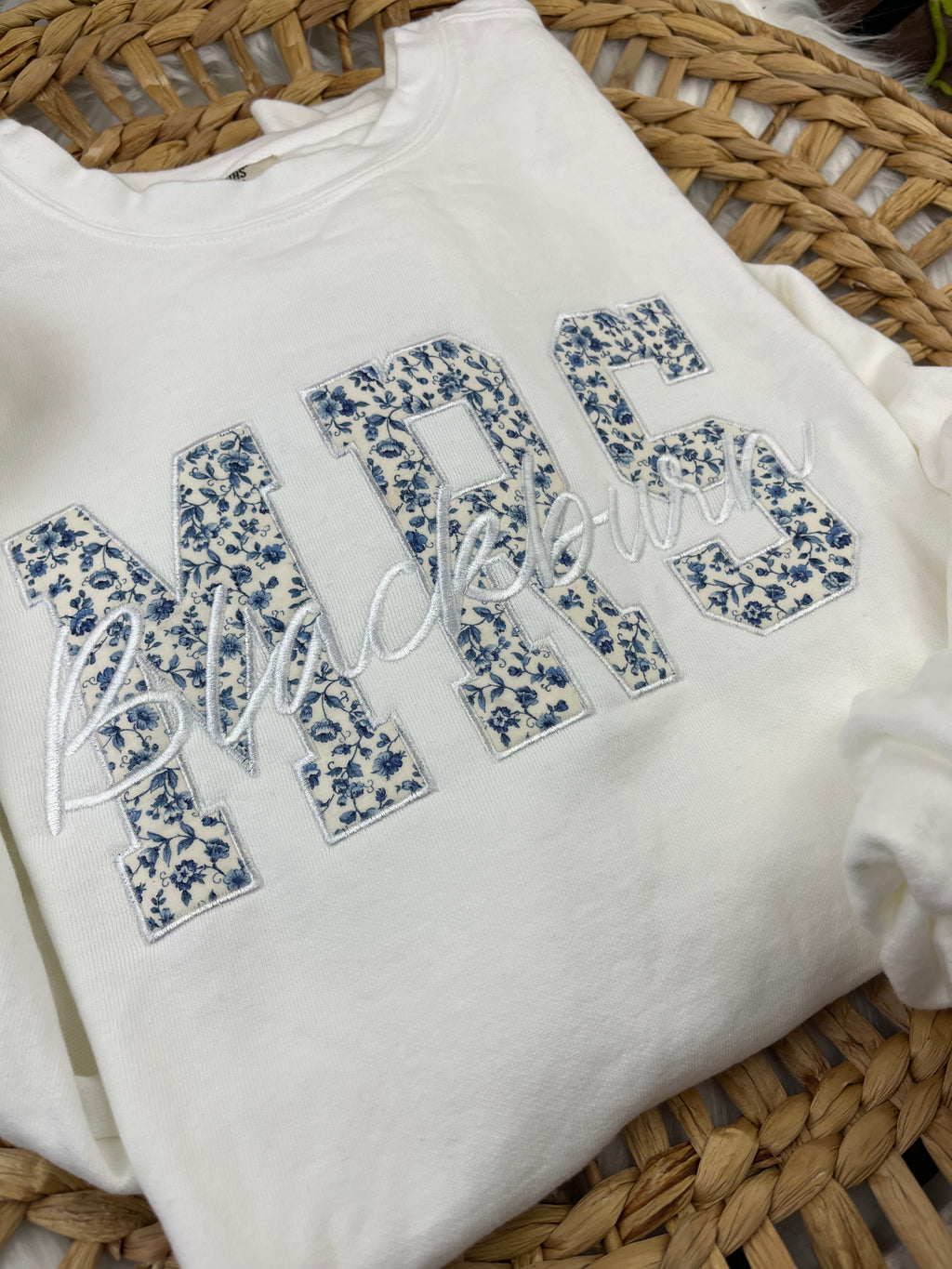 MRS embroidered sweatshirt in blue and cream monotone lettering - detail view 3
