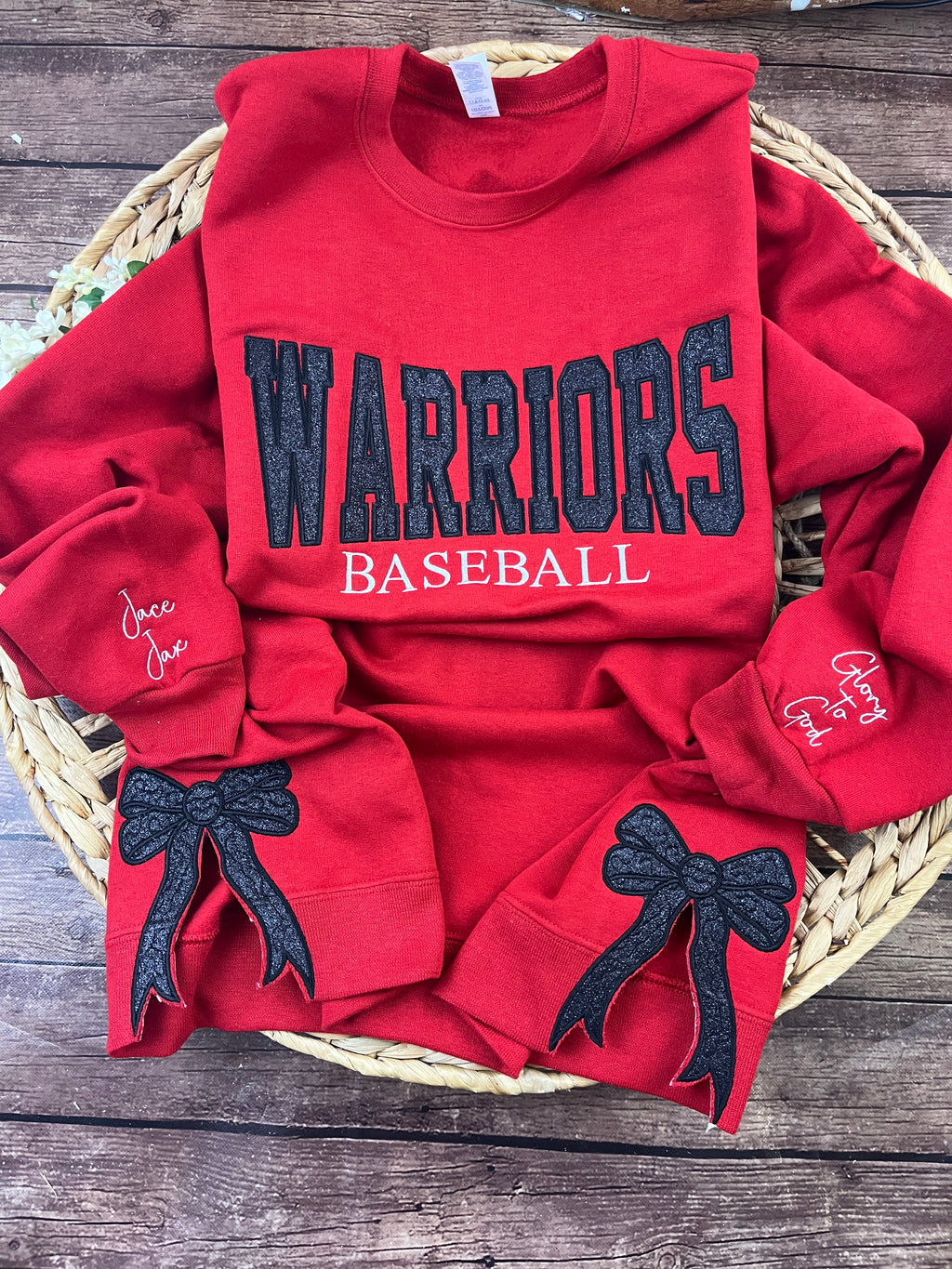 Custom baseball sweatshirt with glitter applique team name embroidery - detail view 4