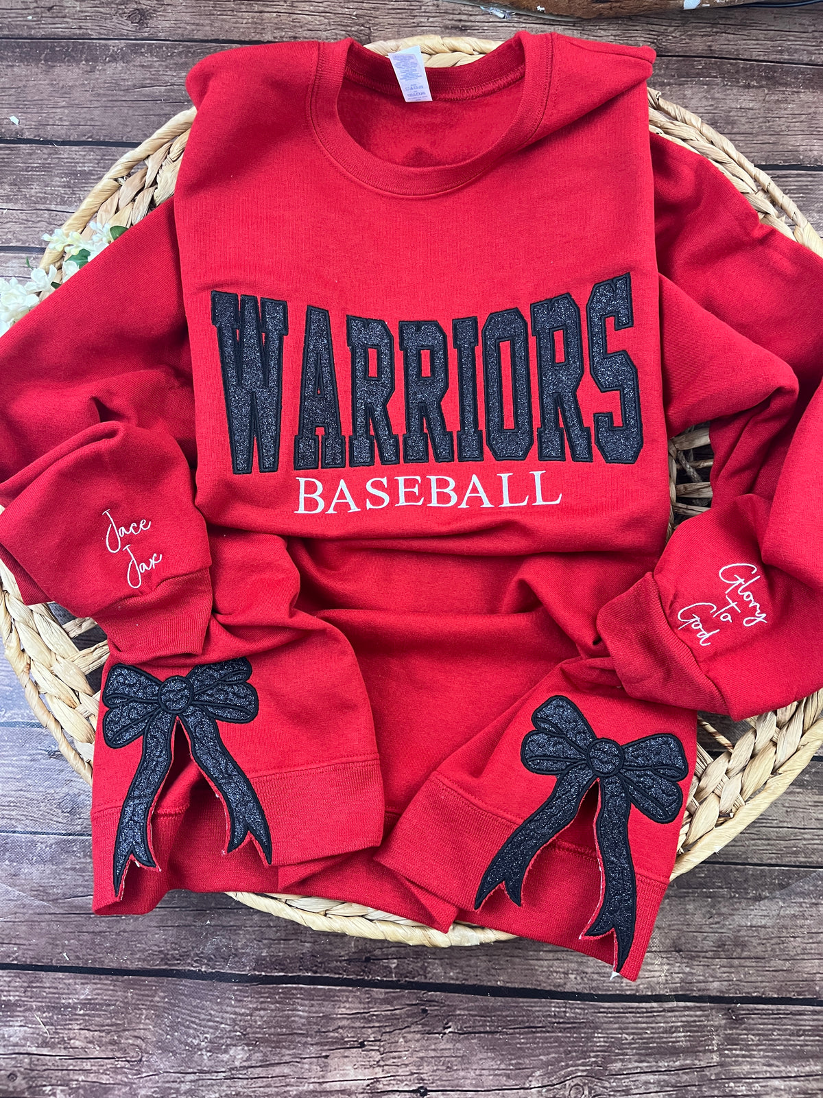 Custom baseball sweatshirt with glitter applique team name embroidery - detail view 4