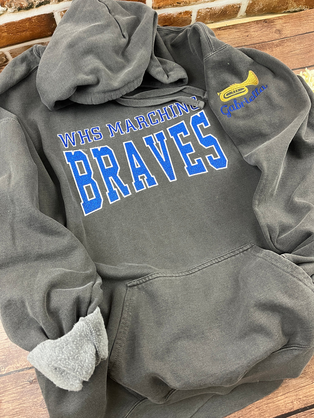 Custom marching band sweatshirt with glitter applique embroidered design - detail view 4