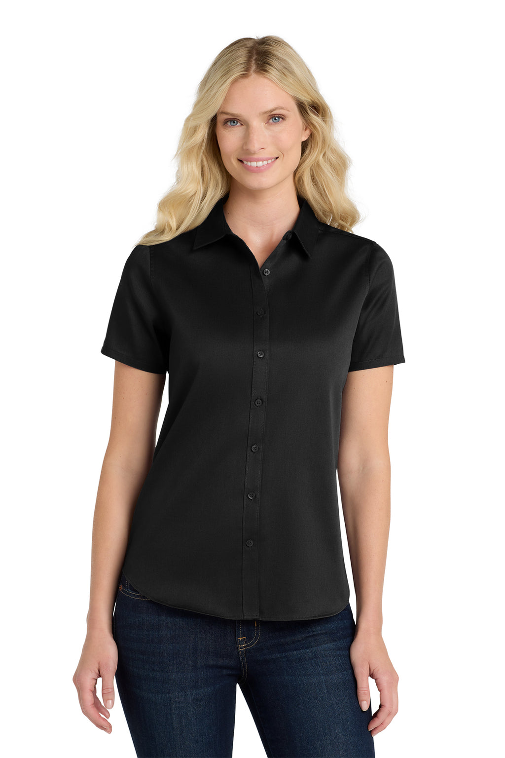 Eastek embroidered womens short sleeve twill shirt