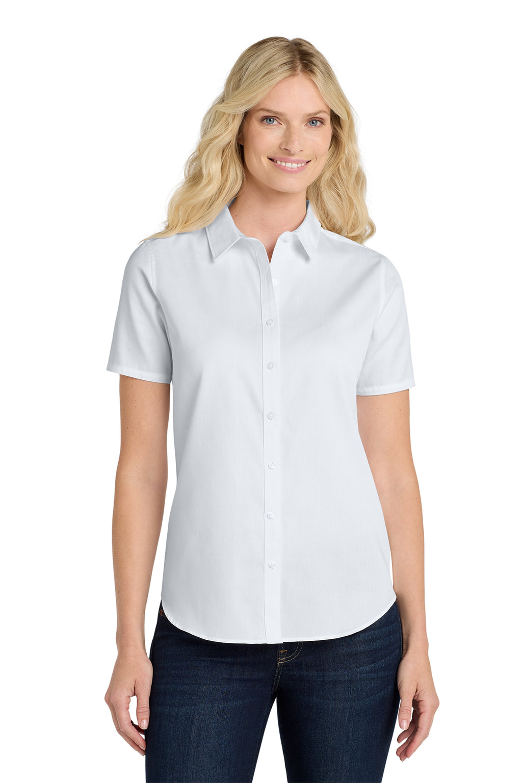 Eastek embroidered womens short sleeve twill shirt - close up of embroidery