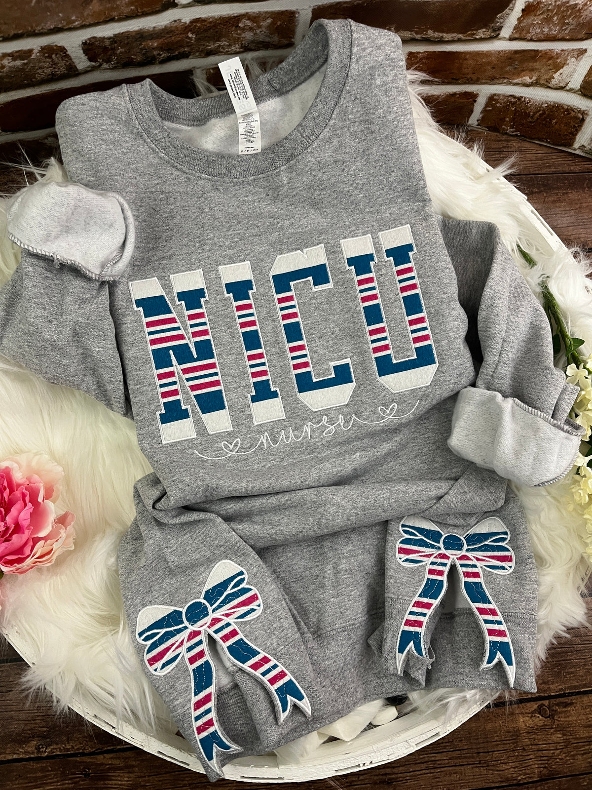 NICU nurse sweatshirt with side bows made from a swaddle blanket - alternate view
