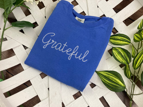 Grateful embroidered Christian sweatshirt with faith lettering - detail view