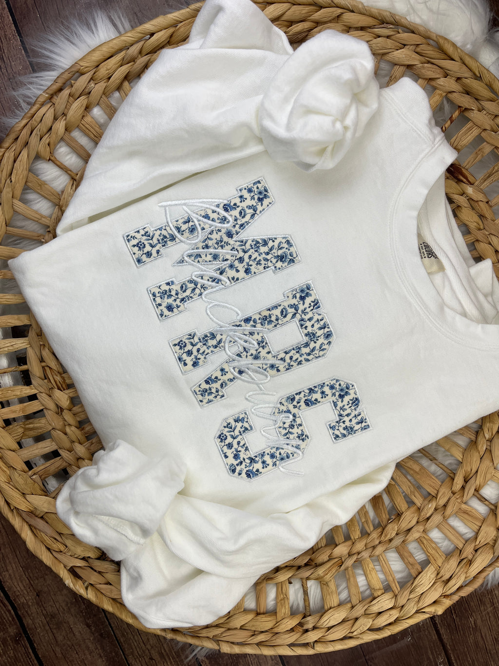 MRS embroidered sweatshirt in blue and cream monotone lettering - detail view 5