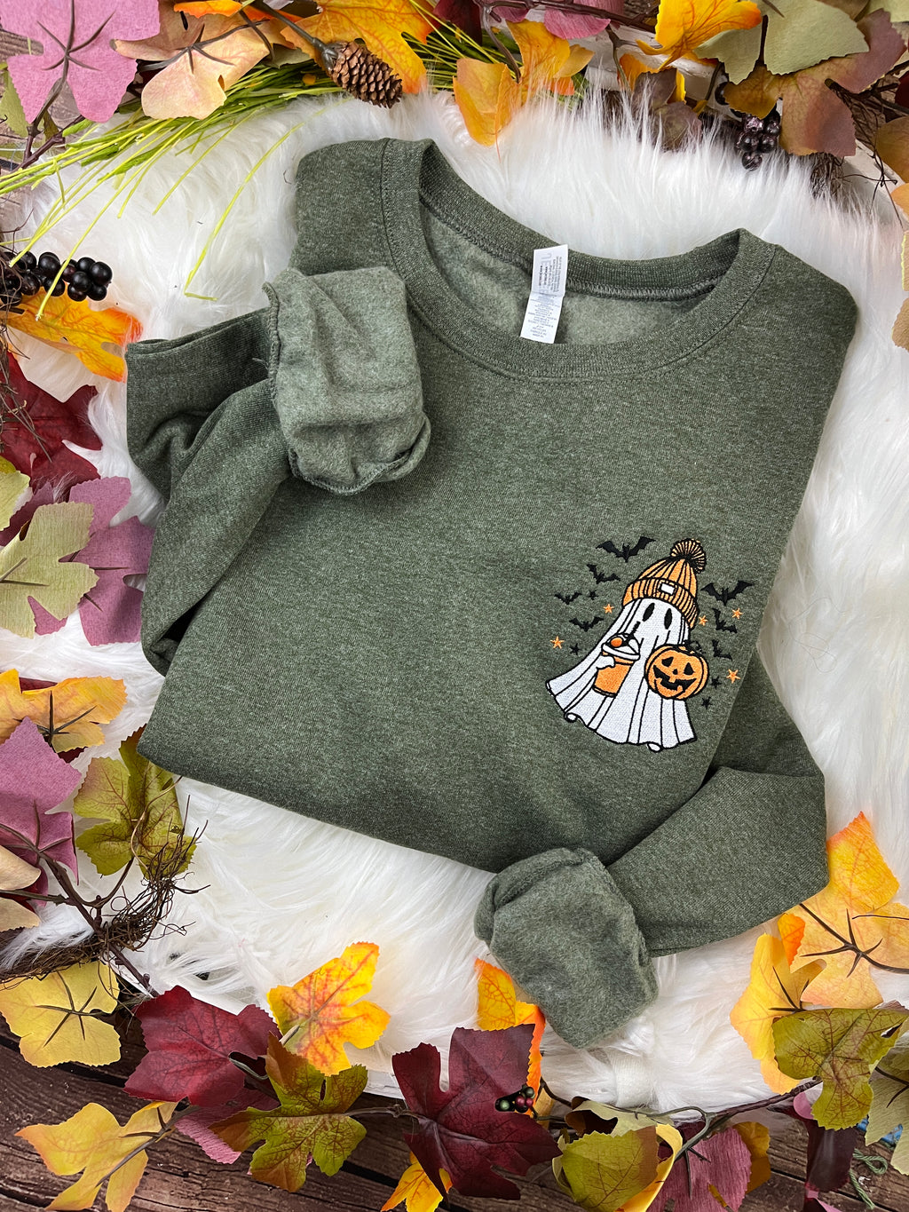Embroidered spooky ghost sweatshirt with iced latte and orange beanie