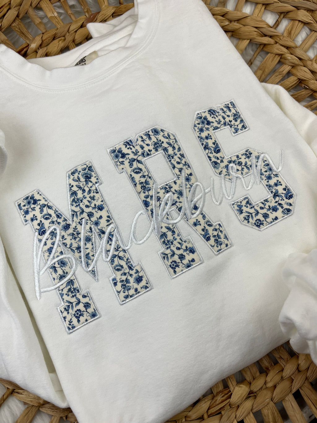 MRS embroidered sweatshirt in blue and cream monotone lettering - detail view 2