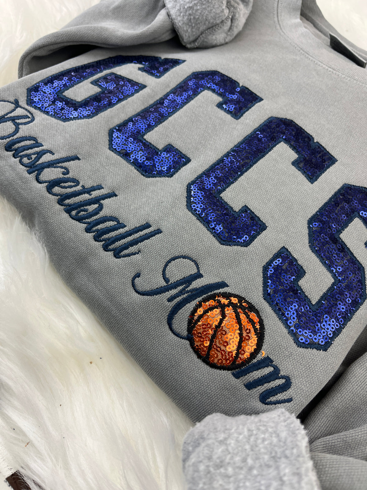 Basketball mom sweatshirt with navy sequin school lettering - detail view 3