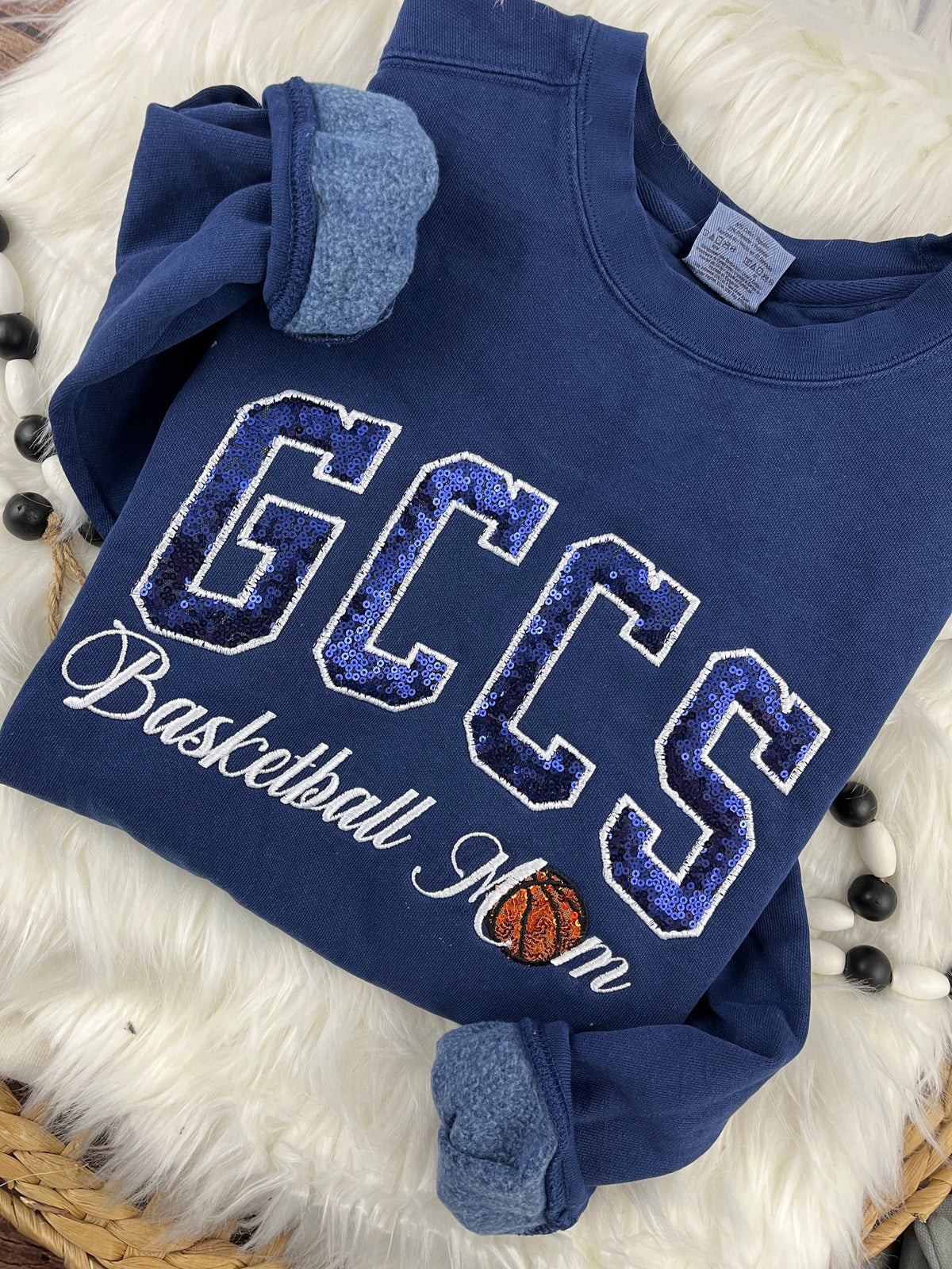 Basketball mom sweatshirt with navy sequin school lettering - detail view 9