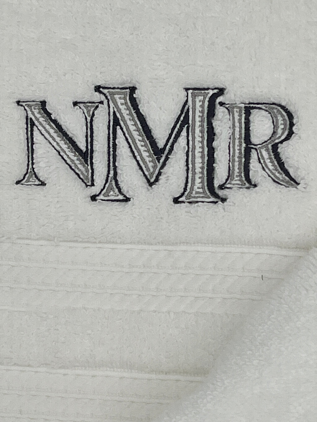 Monogrammed three piece bath towel set with embroidered initials - detail view