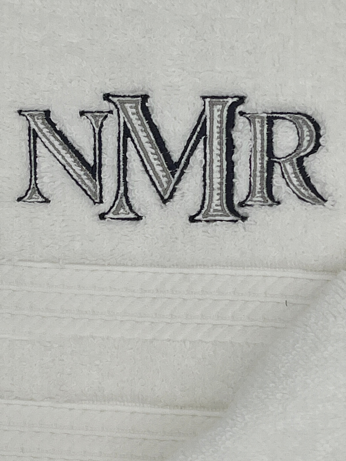 Monogrammed three piece bath towel set with embroidered initials - detail view
