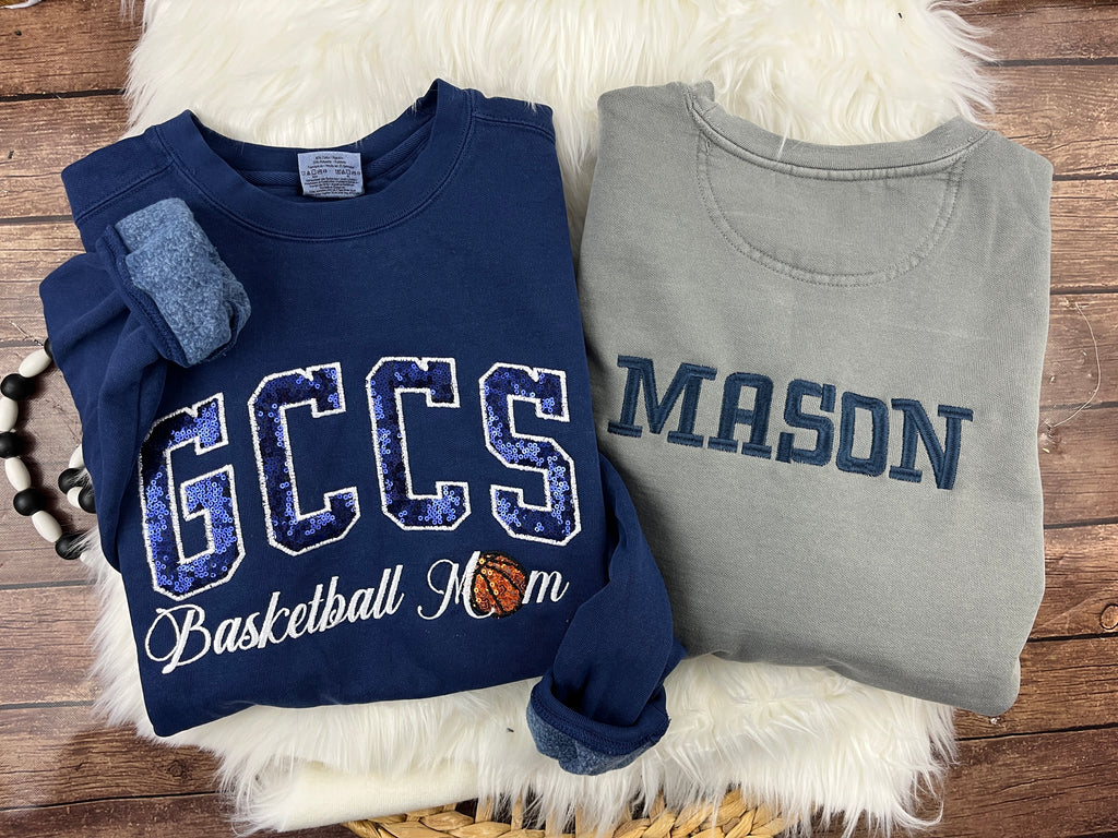 Basketball mom sweatshirt with navy sequin school lettering - detail view 7