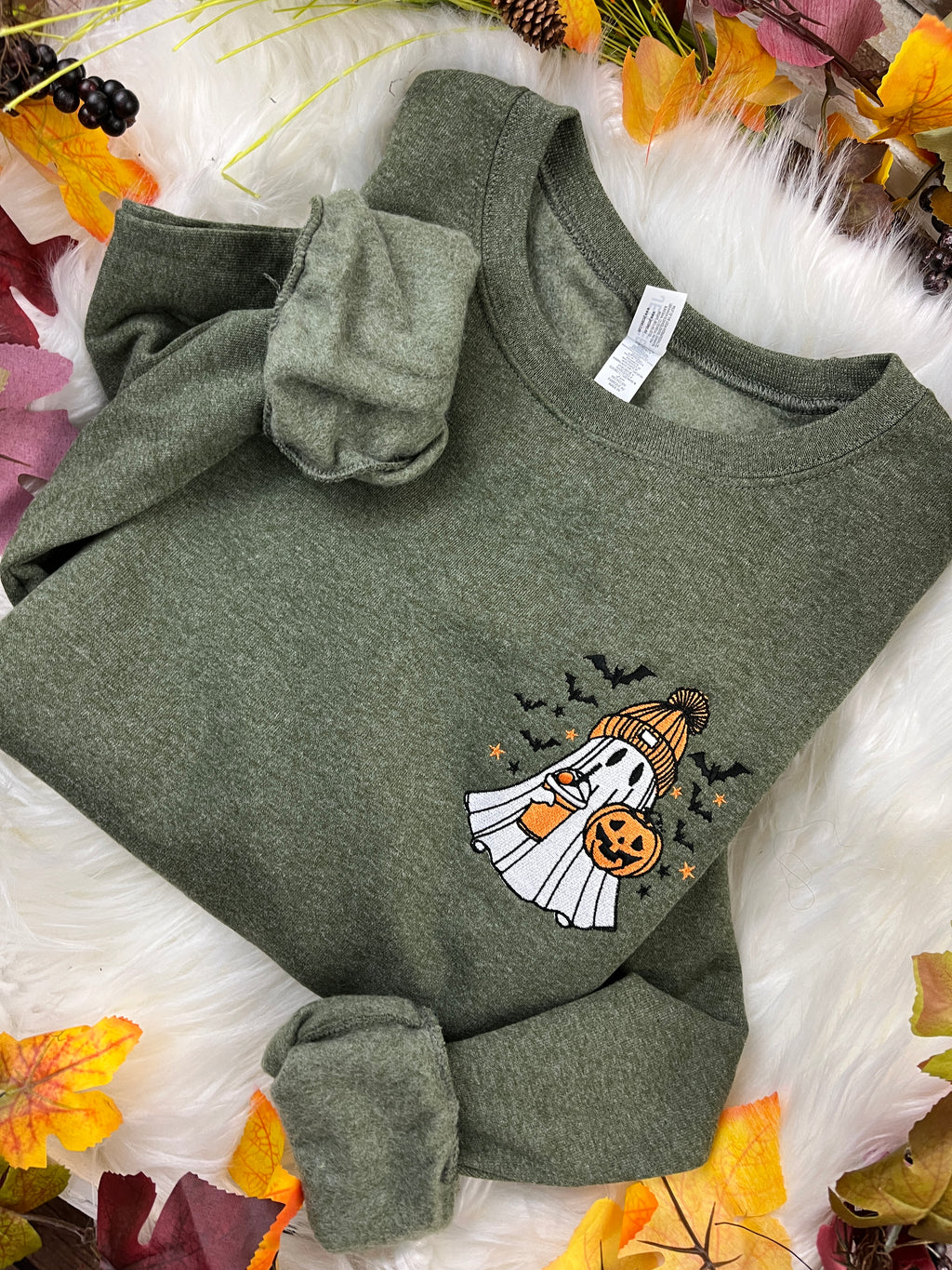 Embroidered spooky ghost sweatshirt with iced latte and orange beanie - detail view 3