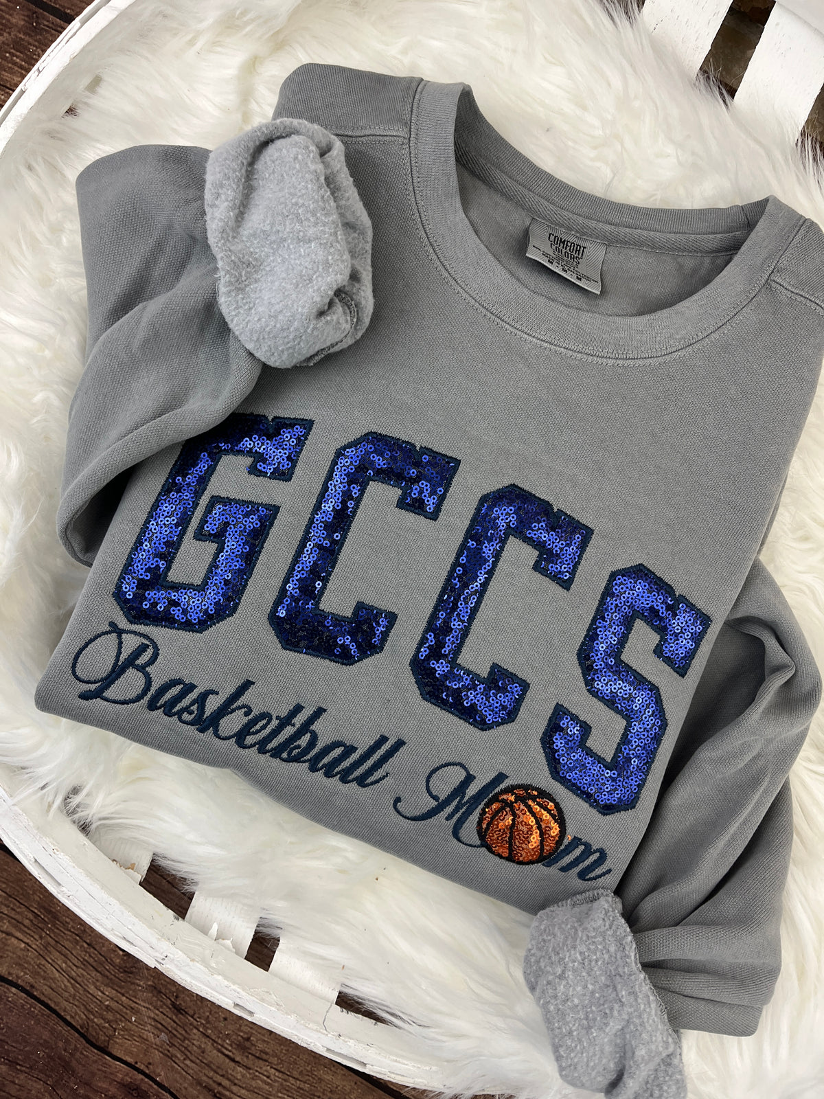 Basketball mom sweatshirt with navy sequin school lettering - detail view 2