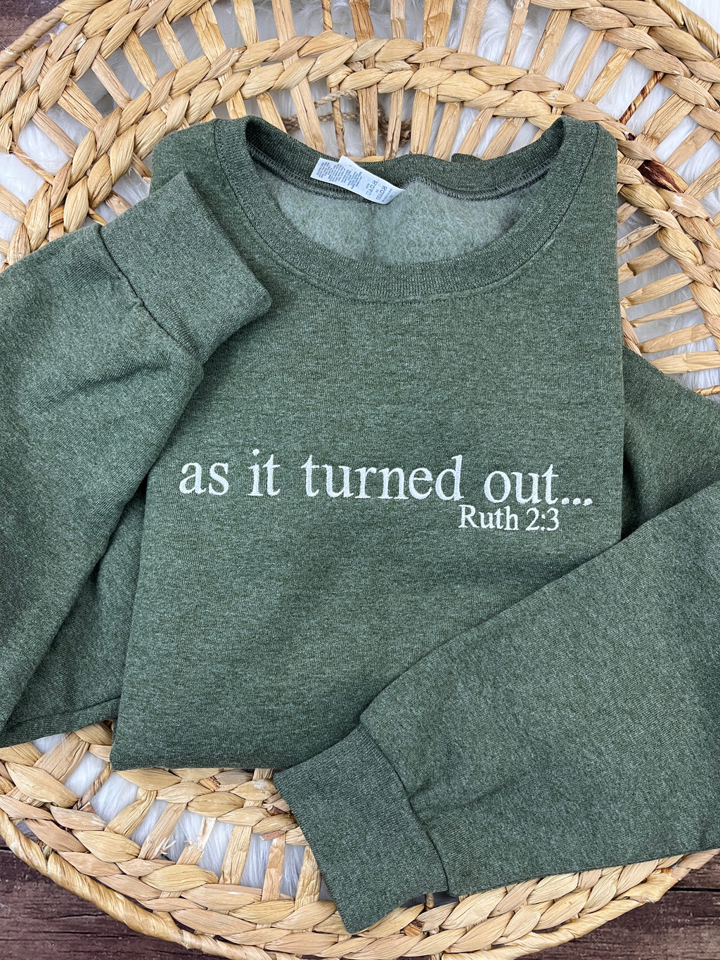 As It Turned Out Christian sweatshirt with Ruth scripture lettering - detail view