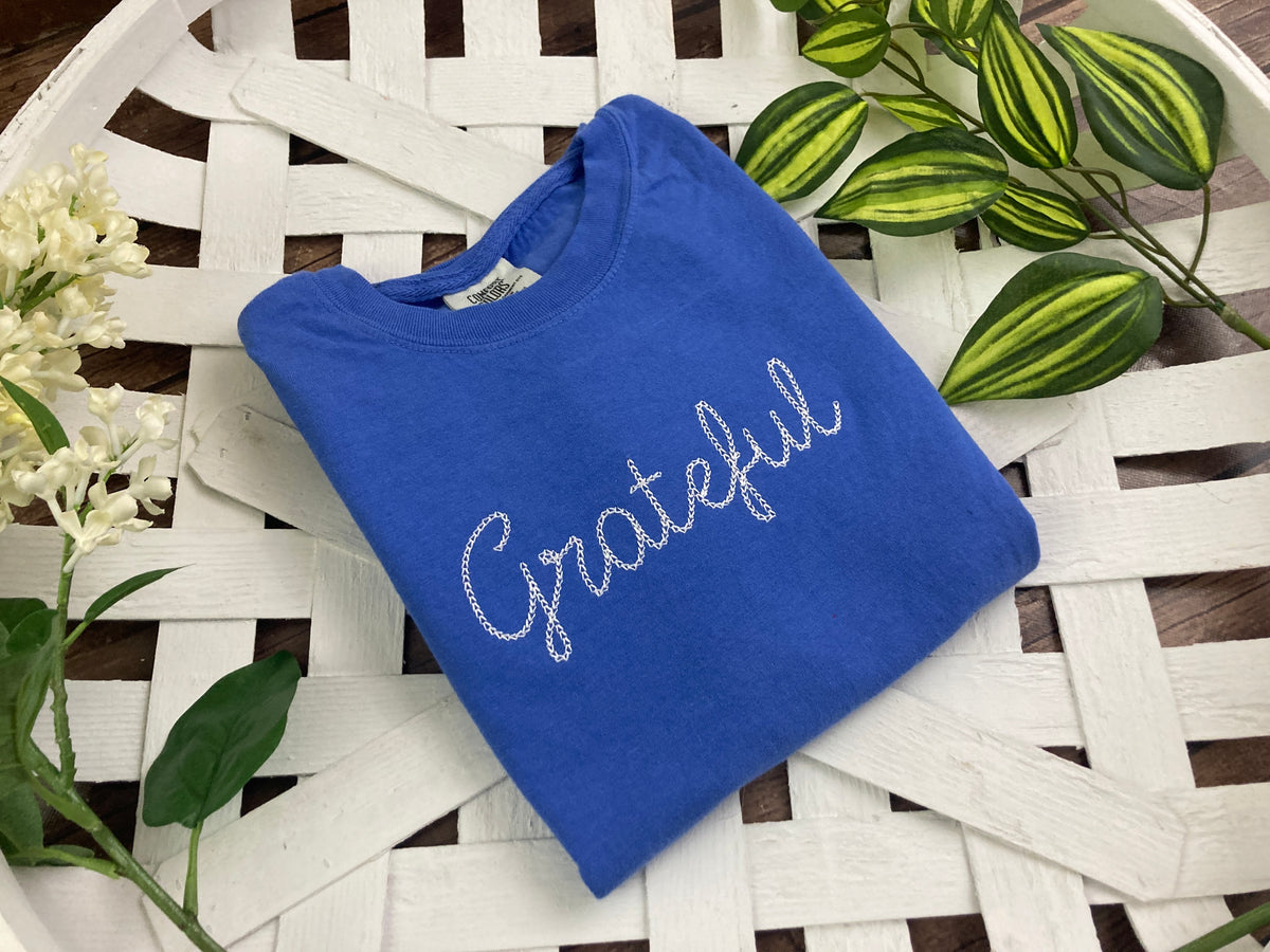 Grateful embroidered Christian sweatshirt with faith lettering