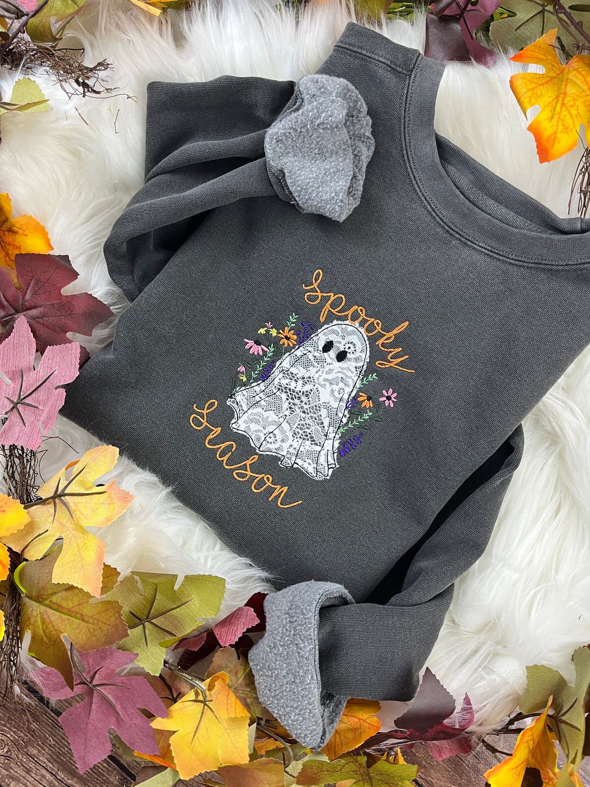 Floral white lace boho ghost embroidered sweatshirt with Spooky Season text - detail view