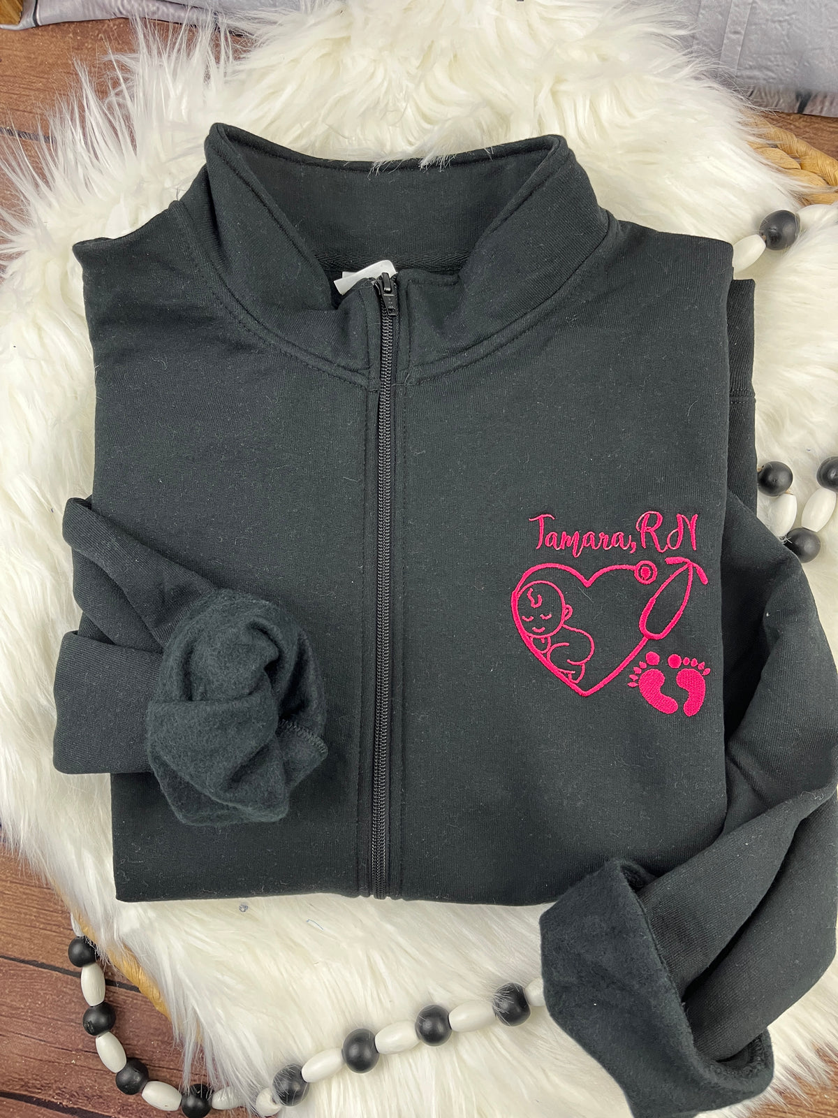 Nurse quarter zip sweatshirt made with a baby hospital swaddle blanket - detail view 3