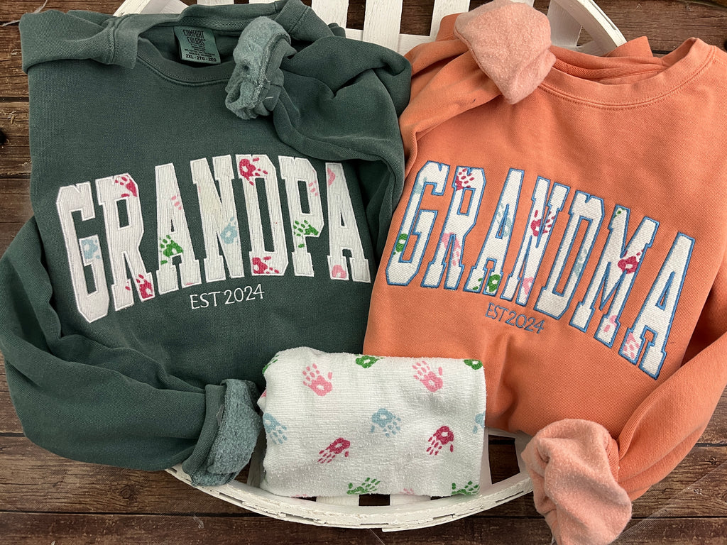Curved Mama keepsake sweatshirt appliqued from baby clothes - second detail view