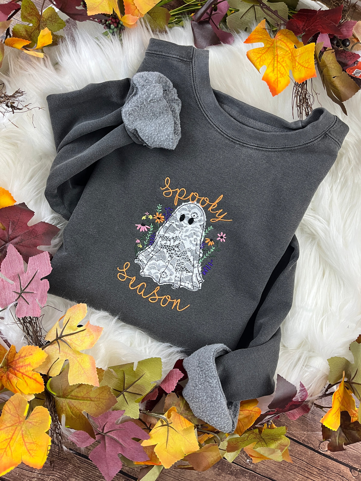 Floral white lace boho ghost embroidered sweatshirt with Spooky Season text - detail view 4