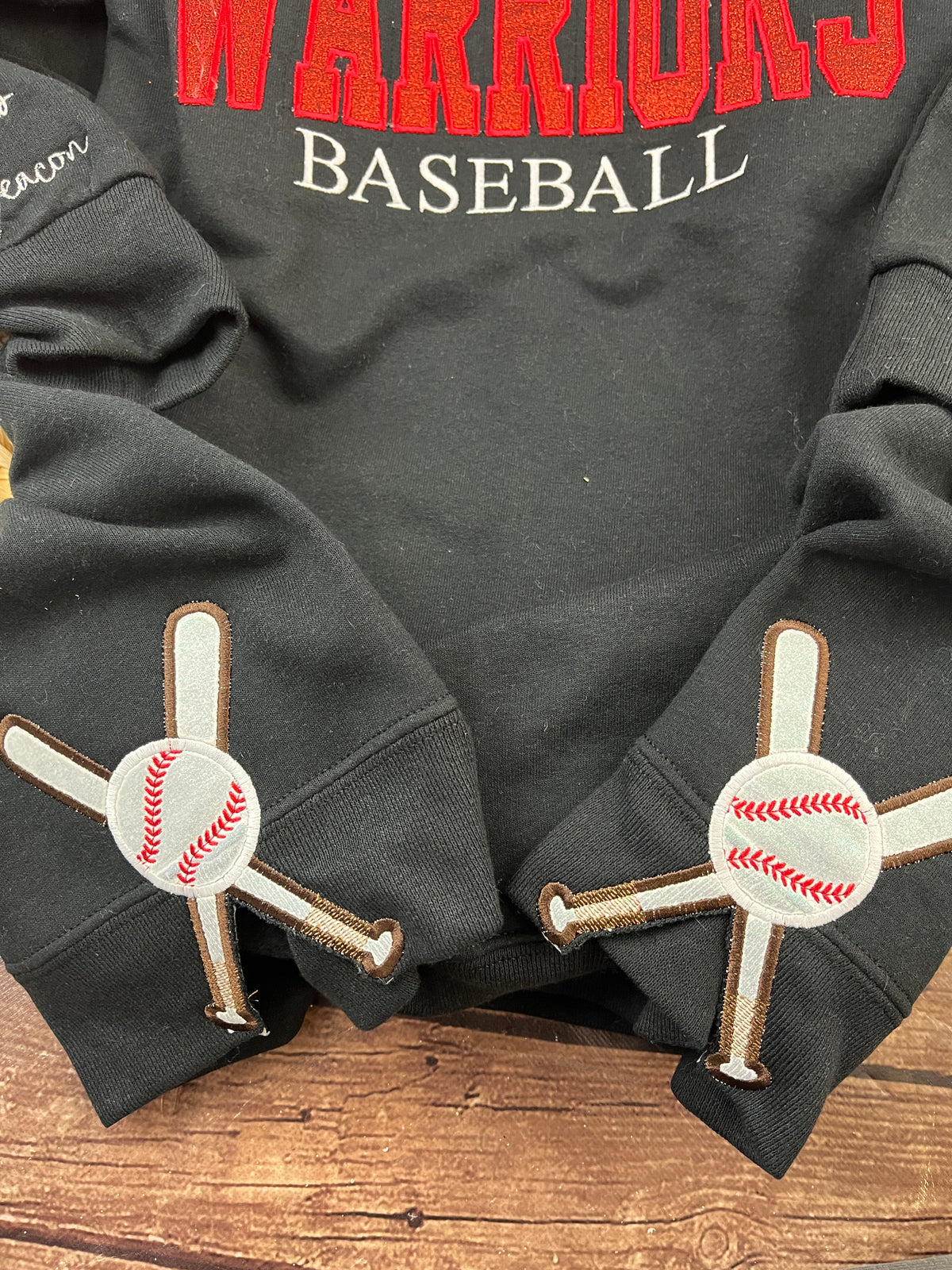 Custom baseball sweatshirt with glitter applique team name embroidery - detail view 7