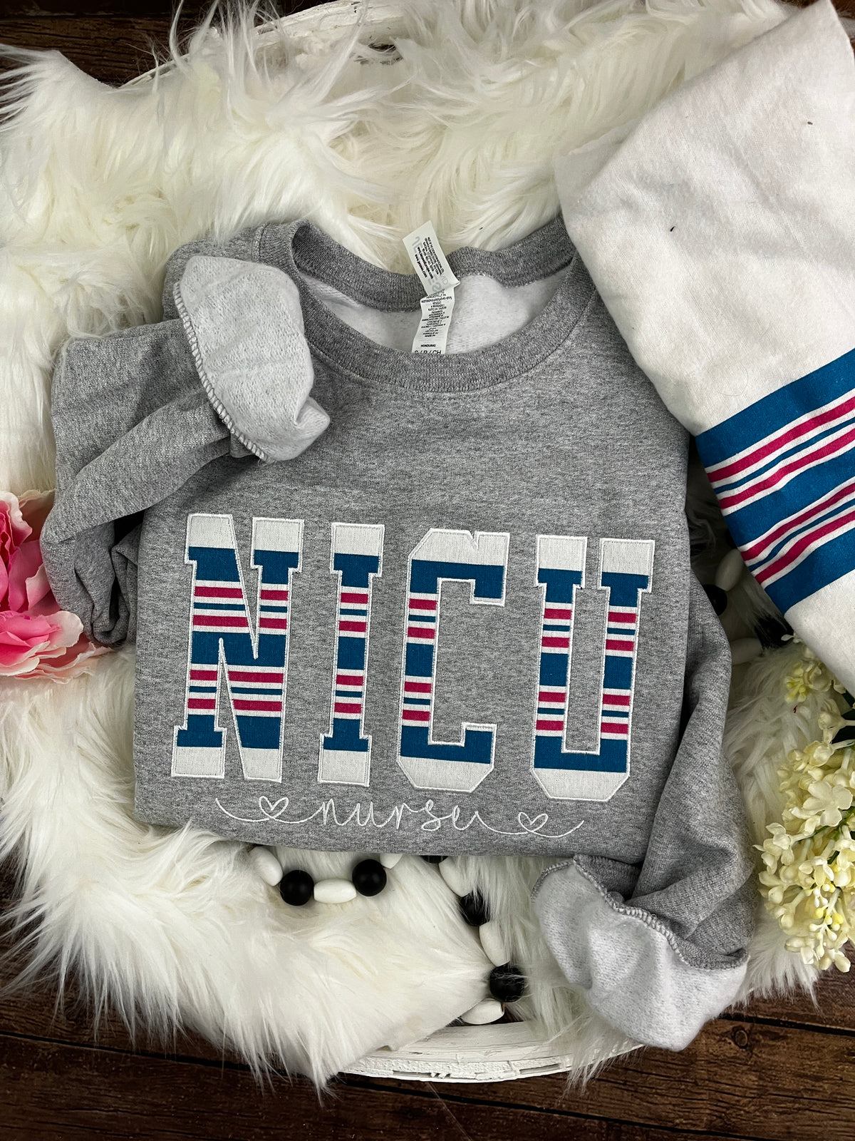 NICU nurse keepsake sweatshirt appliqued from a baby hospital blanket - second detail view