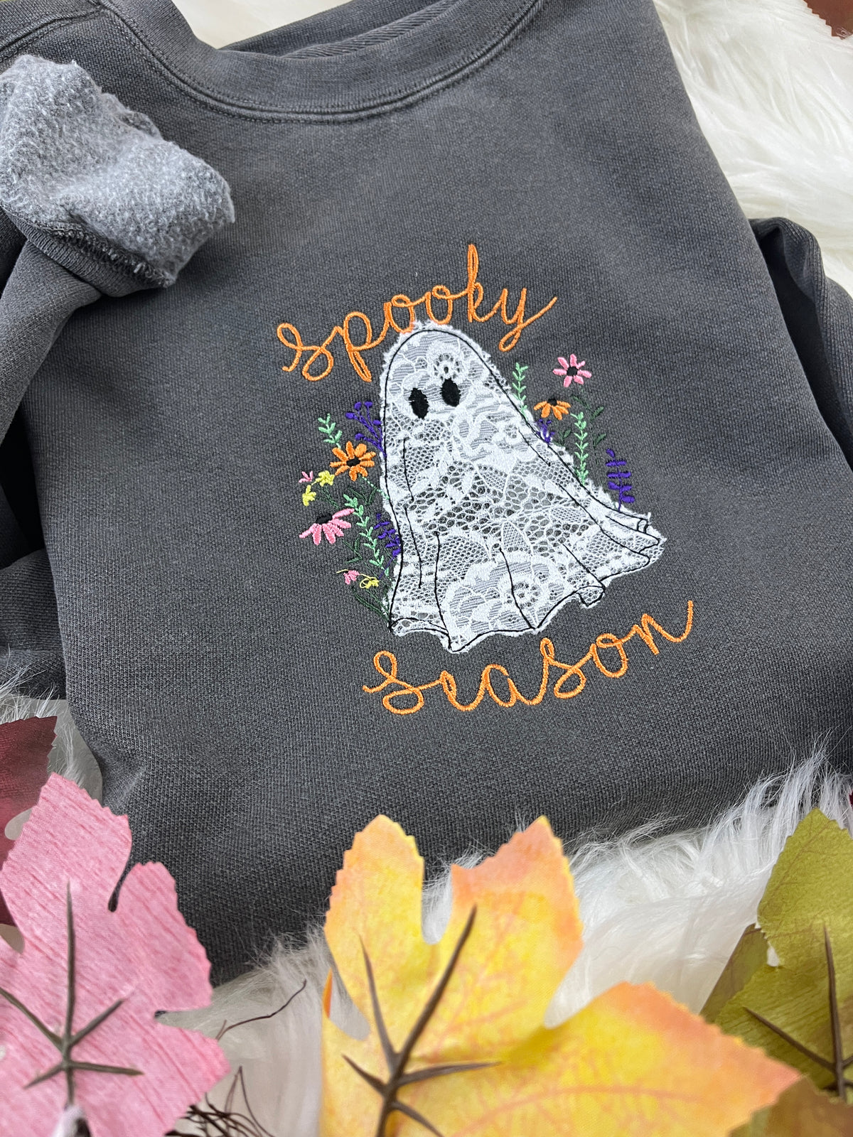 Floral white lace boho ghost embroidered sweatshirt with Spooky Season text - detail view 3