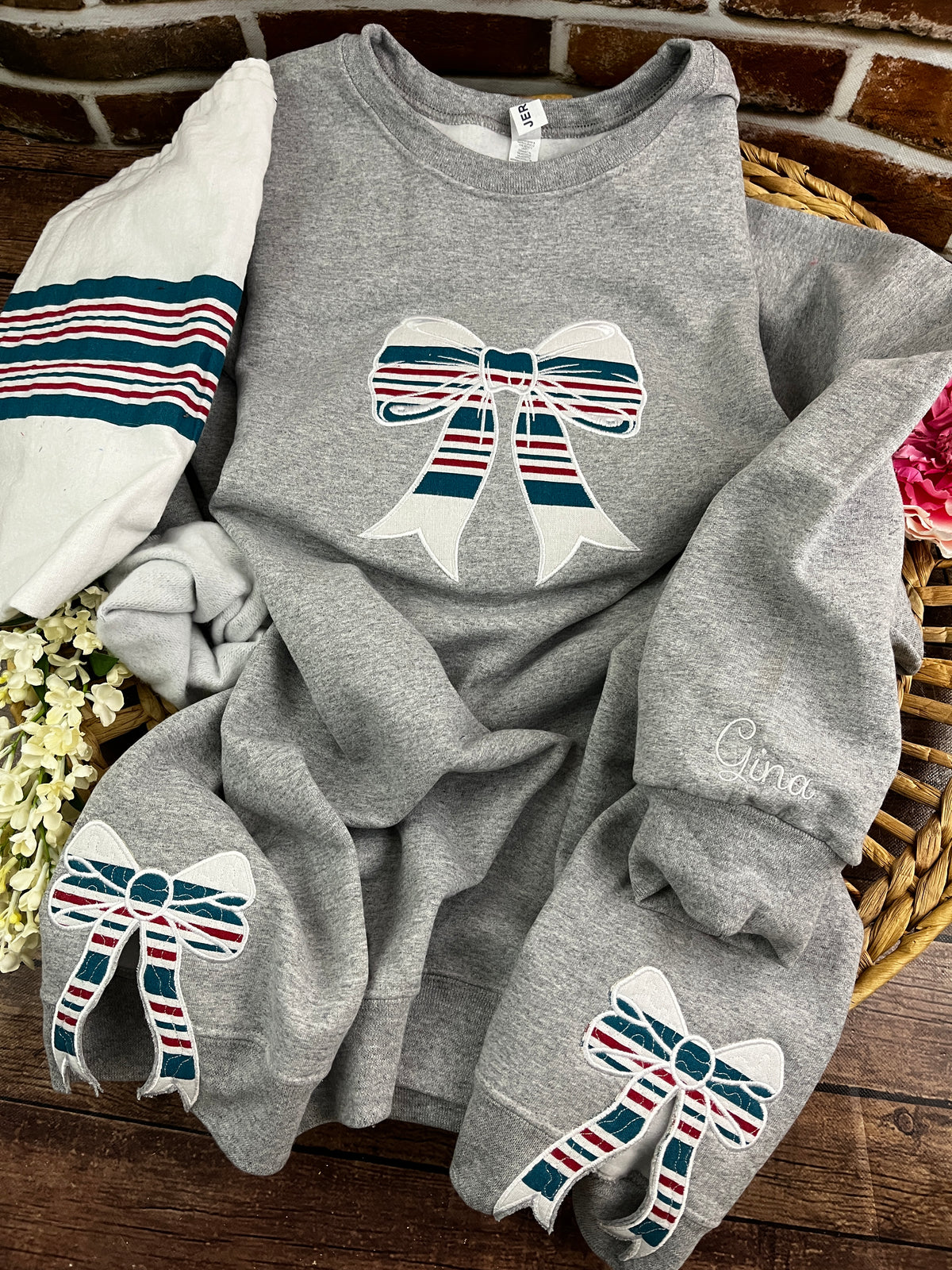 Nurse bow sweatshirt with side bows from a hospital swaddle blanket