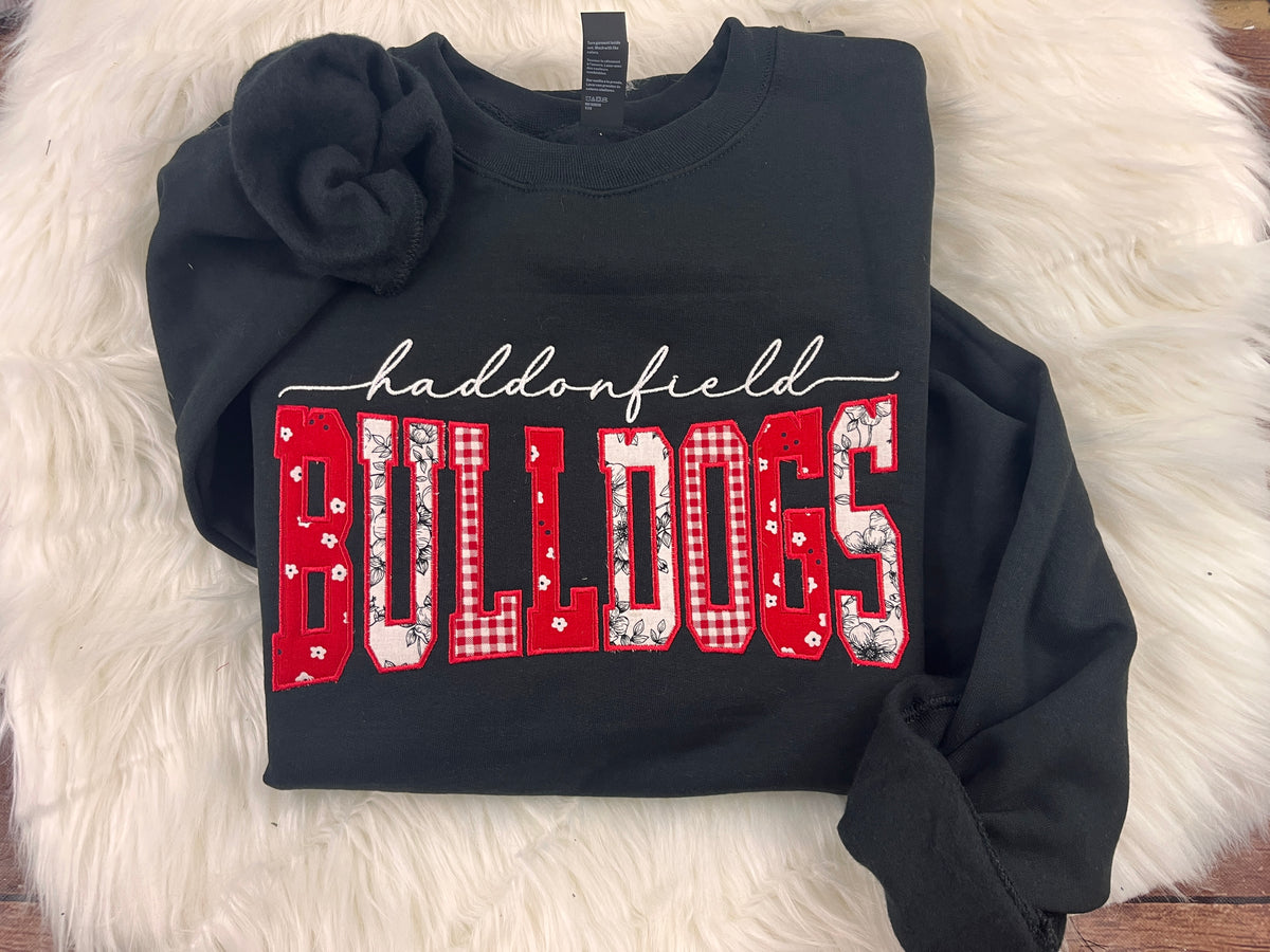 Haddonfield Bulldogs Mixed Fabric Applique Crewneck | Floral & Gingham | Embroidered Spirit Wear Fundraiser