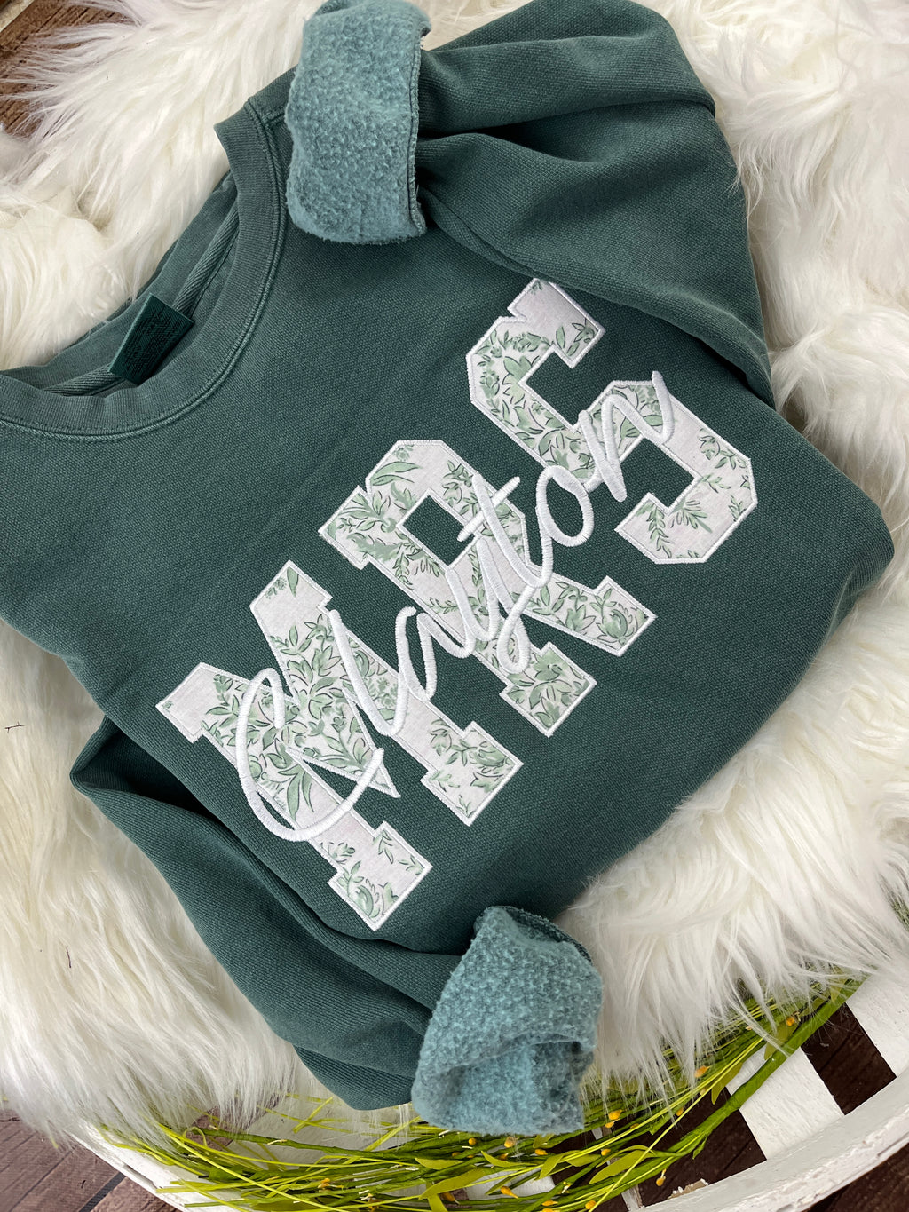 MRS applique sweatshirt in sage chinoiserie print with embroidered last name - detail view 7