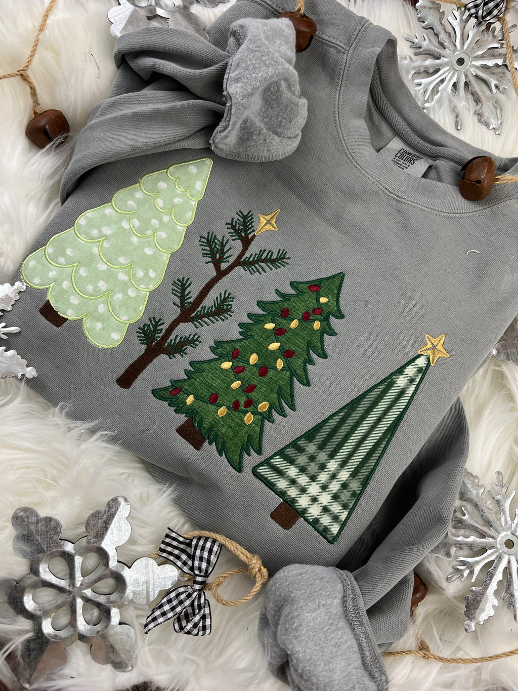 Christmas tree applique sweatshirt with embroidered holiday tree design - detail view 2