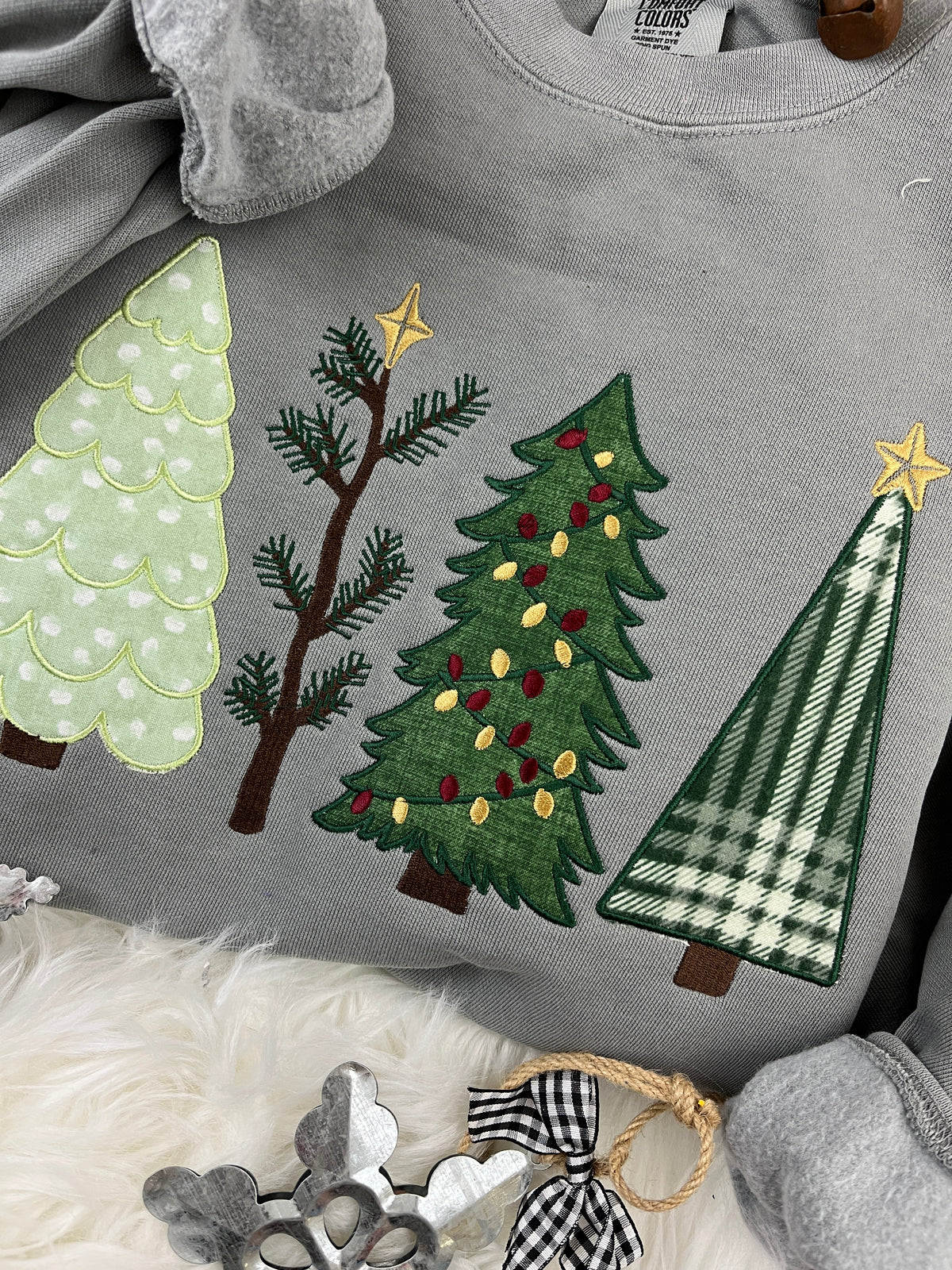 Christmas tree applique sweatshirt with embroidered holiday tree design - detail view 3