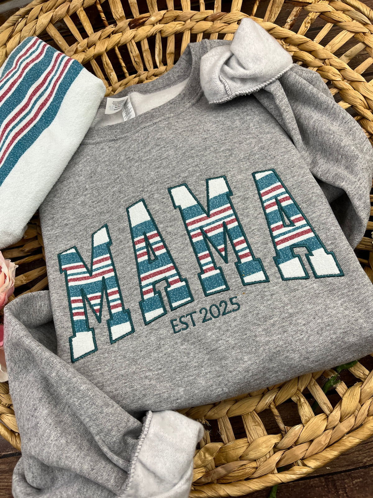 Curved Mama keepsake sweatshirt appliqued from baby clothes - additional view