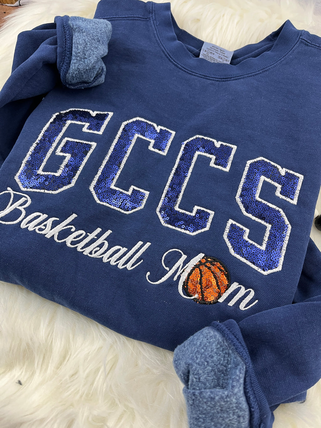 Basketball mom sweatshirt with navy sequin school lettering - detail view 10