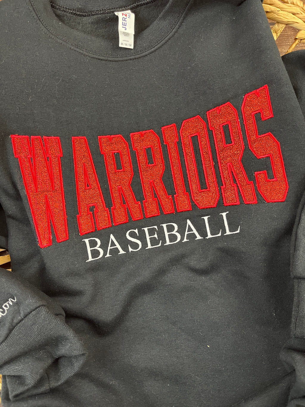 Custom baseball sweatshirt with glitter applique team name embroidery - detail view 8