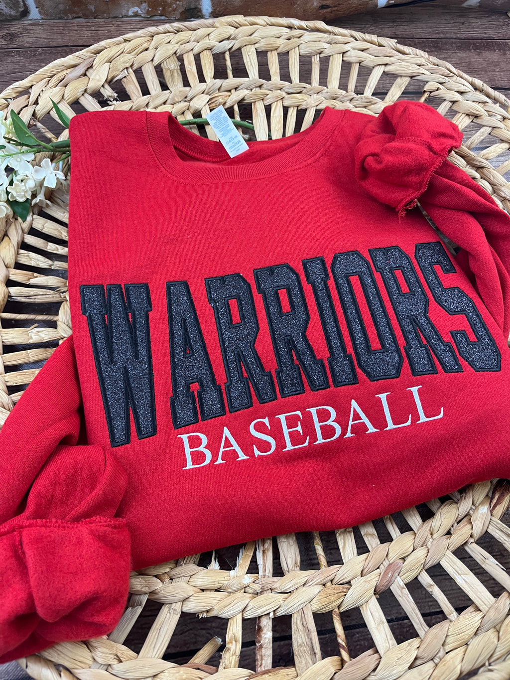 Custom baseball sweatshirt with glitter applique team name embroidery - detail view 6