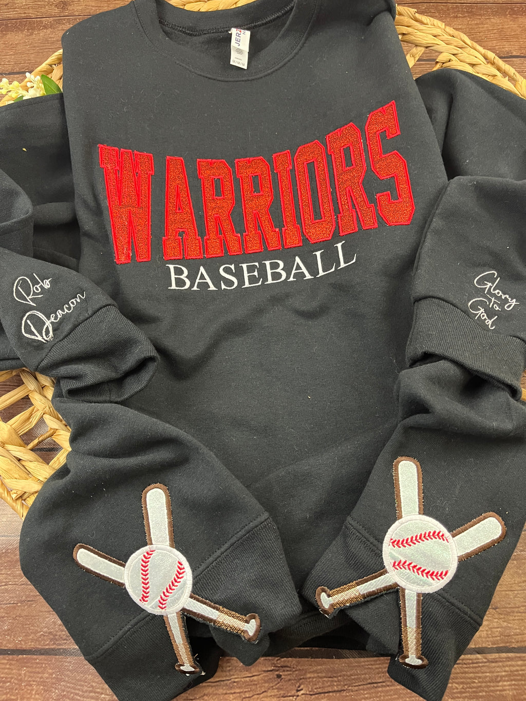 Custom baseball sweatshirt with glitter applique team name embroidery