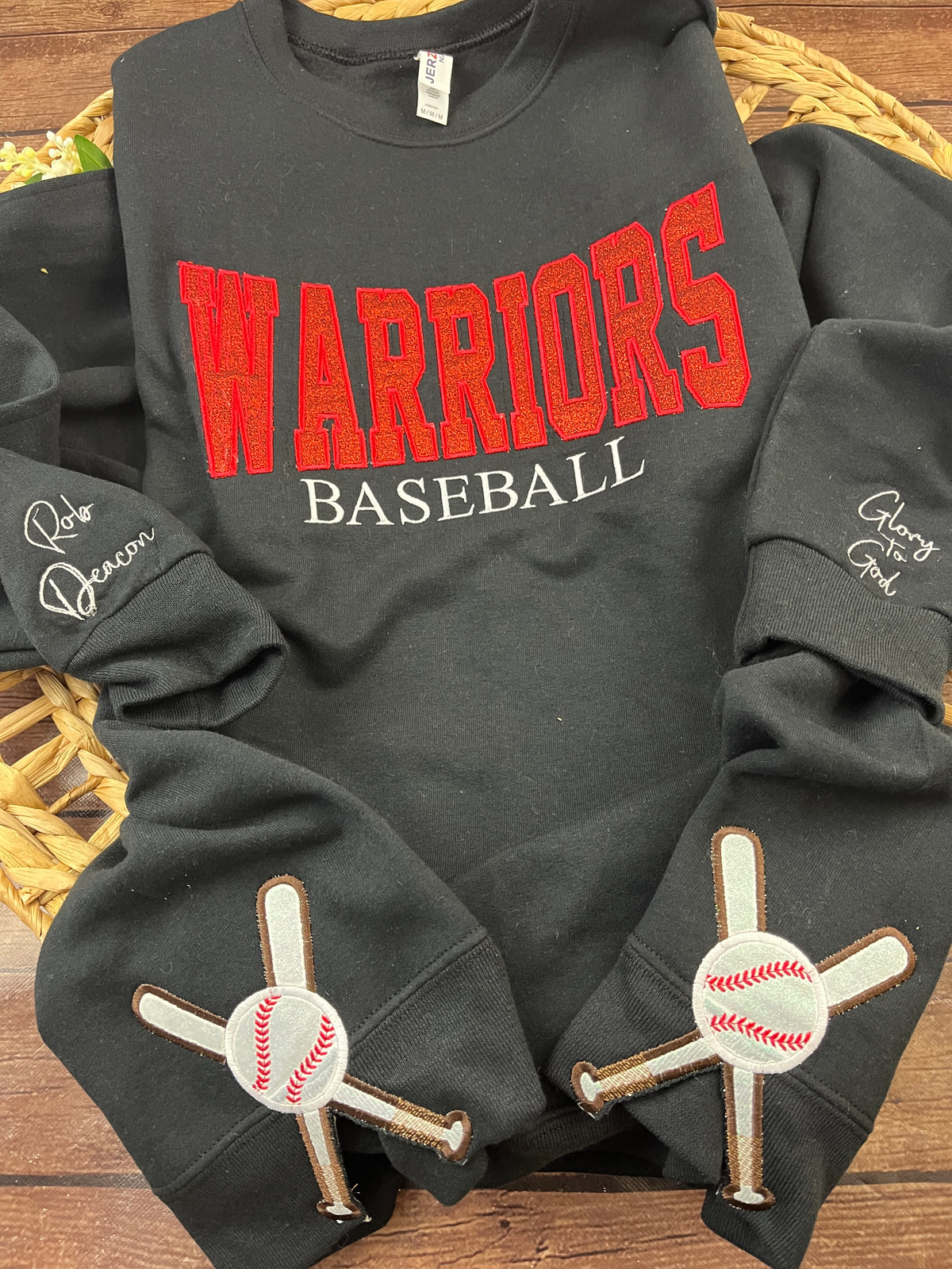 Custom baseball sweatshirt with glitter applique team name embroidery
