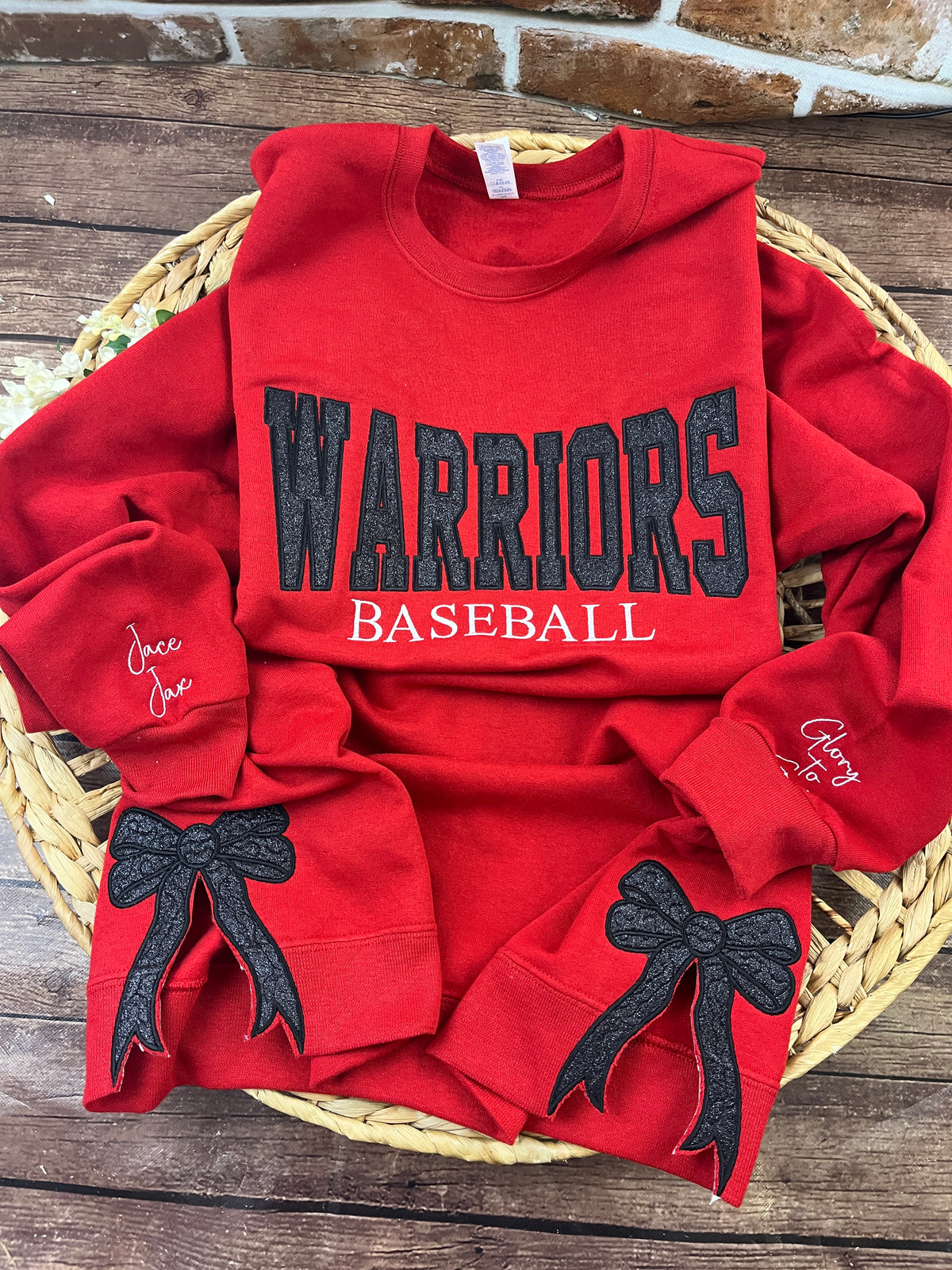 Custom baseball sweatshirt with glitter applique team name embroidery - detail view 3