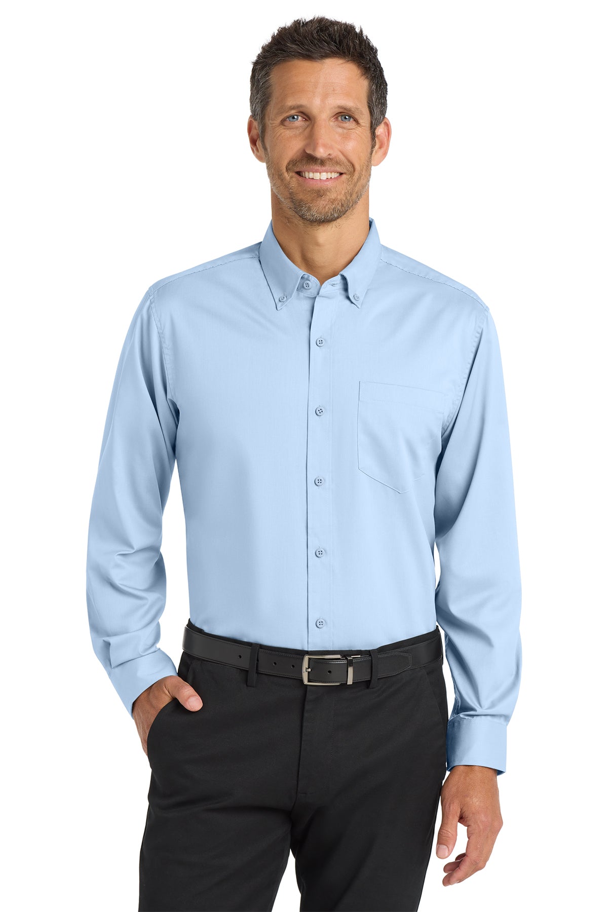 Custom embroidered twill button down work shirt - detail view
