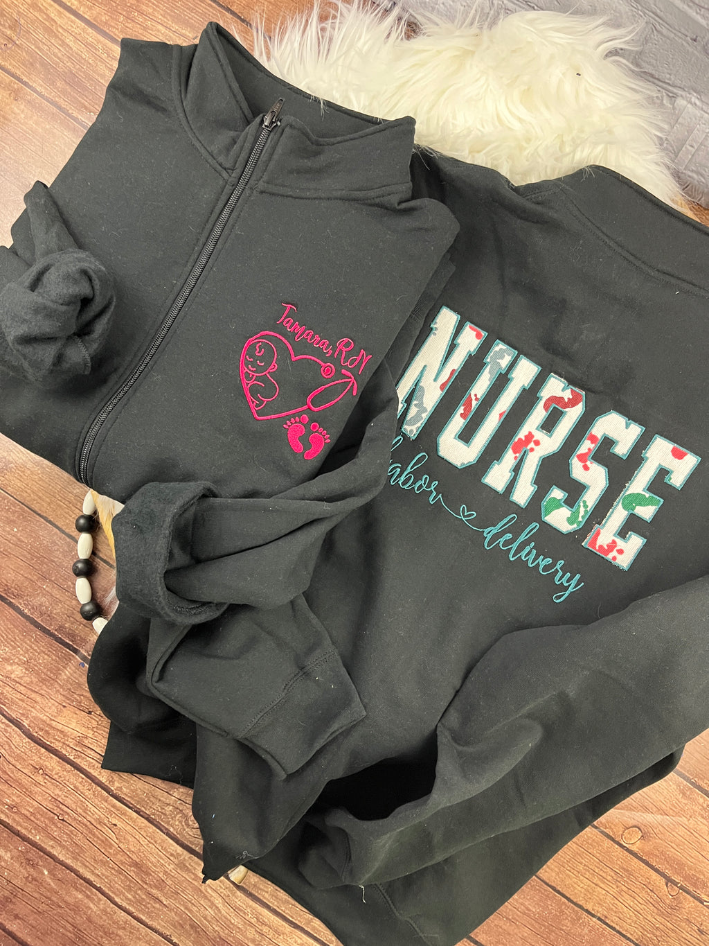 Nurse quarter zip sweatshirt made with a baby hospital swaddle blanket - detail view