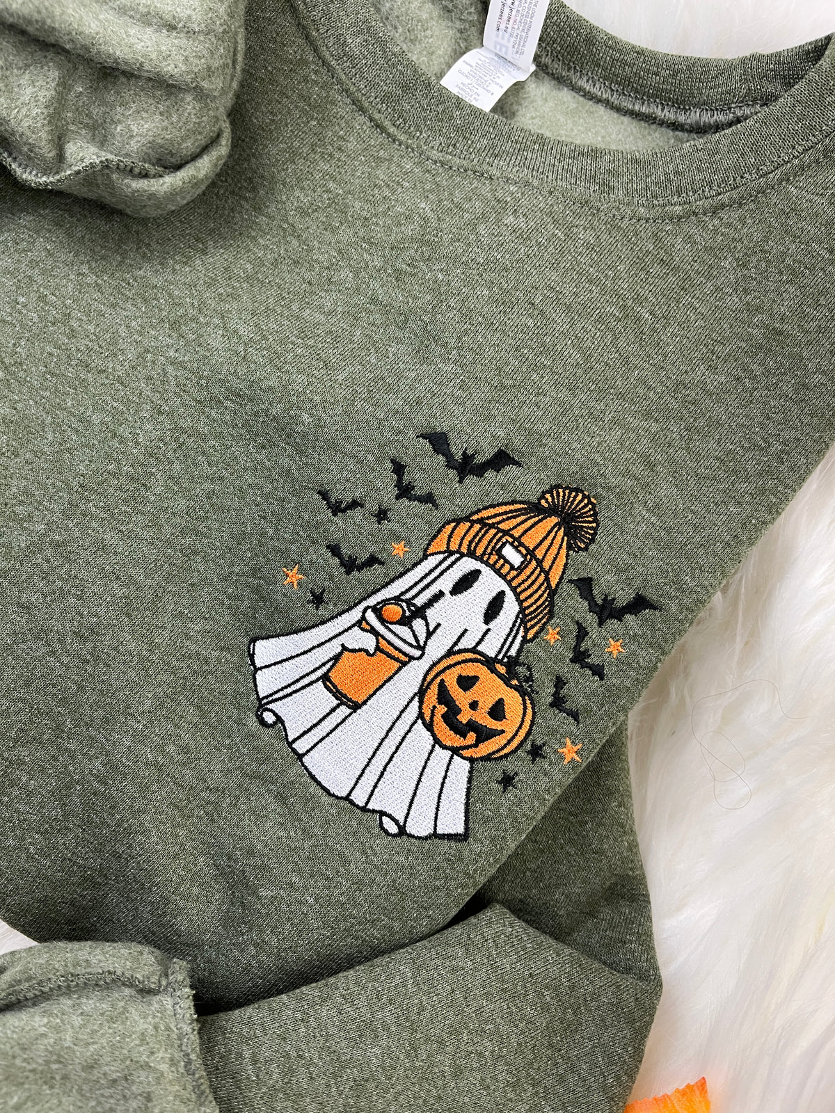 Embroidered spooky ghost sweatshirt with iced latte and orange beanie - detail view 4