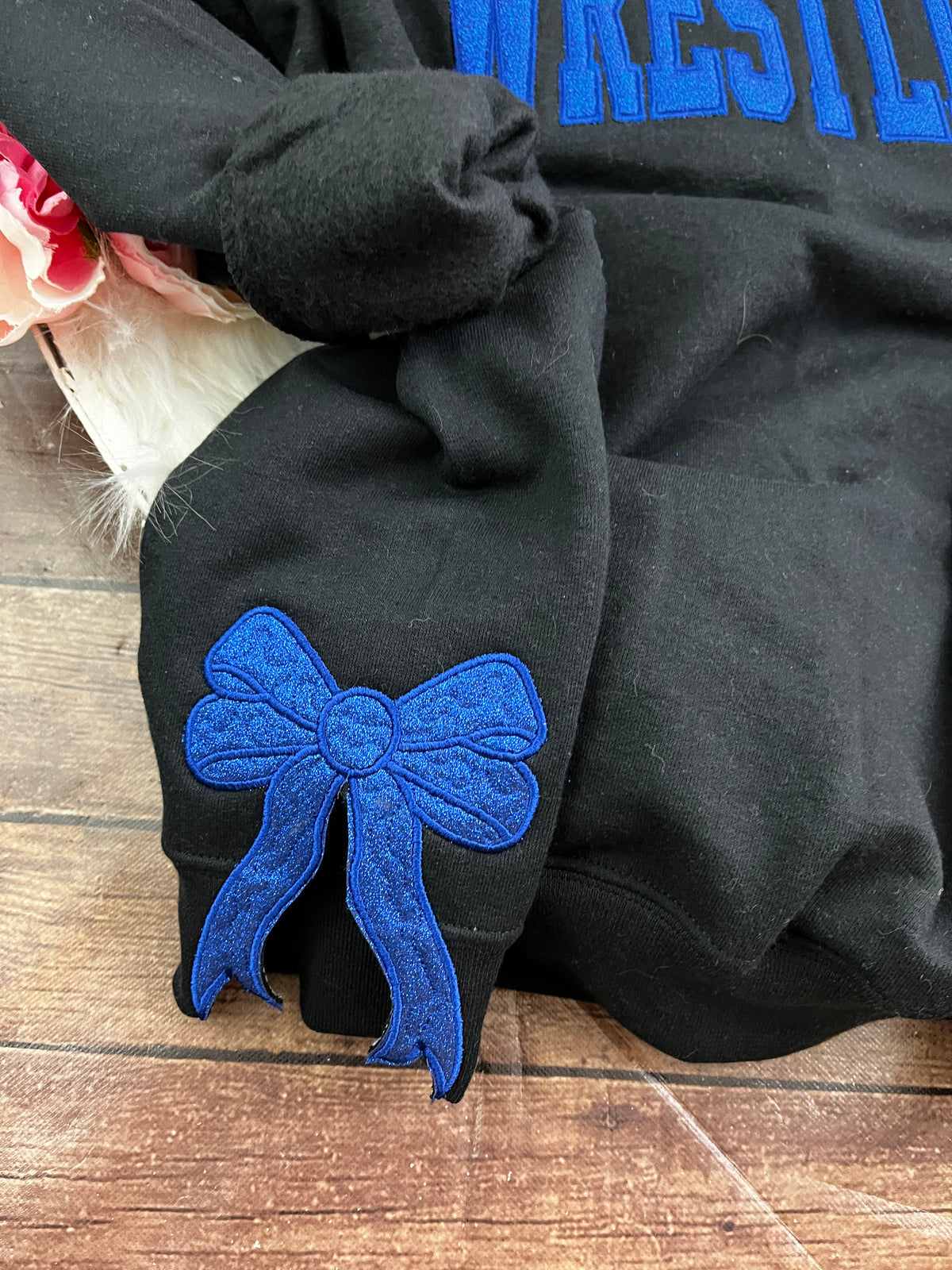 Add on side bows made from baby clothes for a keepsake sweatshirt - side view