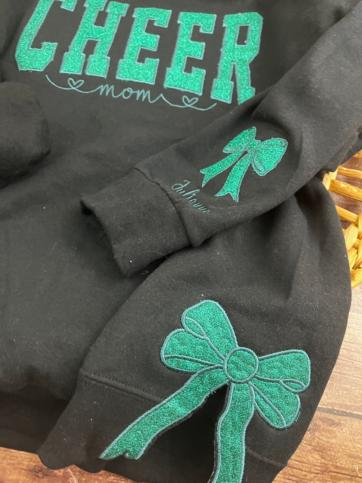Custom cheer mom sweatshirt with side bows and glitter embroidery - alternate view