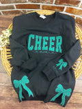 Custom cheer mom sweatshirt with side bows and glitter embroidery